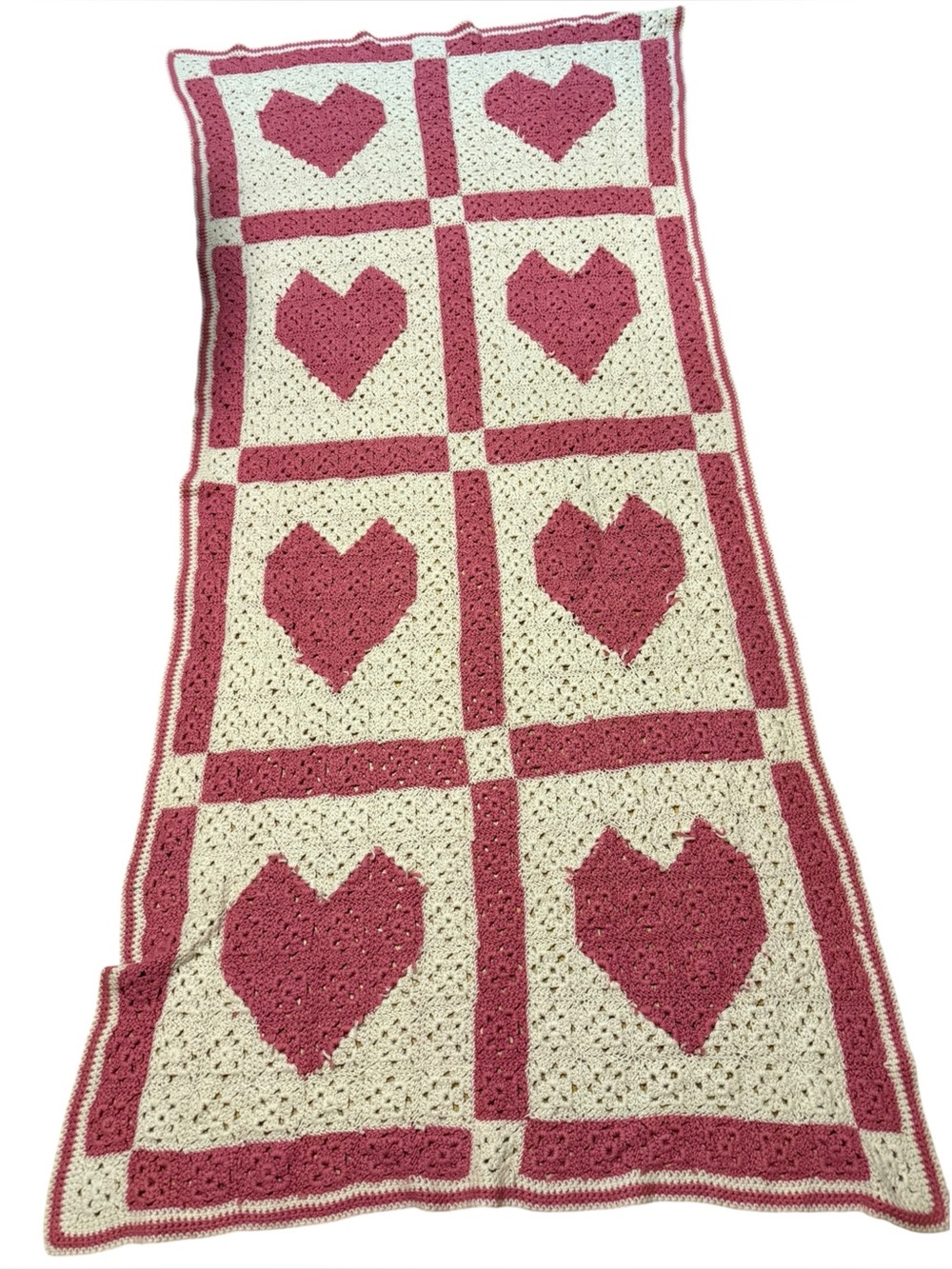 Vintage Crochet Knit Afghan Blanket Handmade Granny Pink Hearts Cottage Core